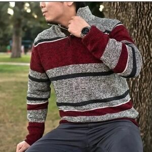 Chaps Sweater XL Burgundy Gray Striped 3-Button Mock Neck Cotton Knit